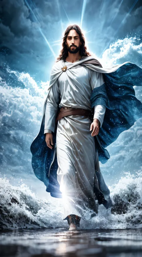 Jesus walking on water in one, soft expression, rays of light descending from the sky, masterpiece, high quality, high quality, highly detailed CG unity wallpaper 8k, award winning photos, bokeh, depth of field, HDR, bloom , chromatic aberration, realistic...