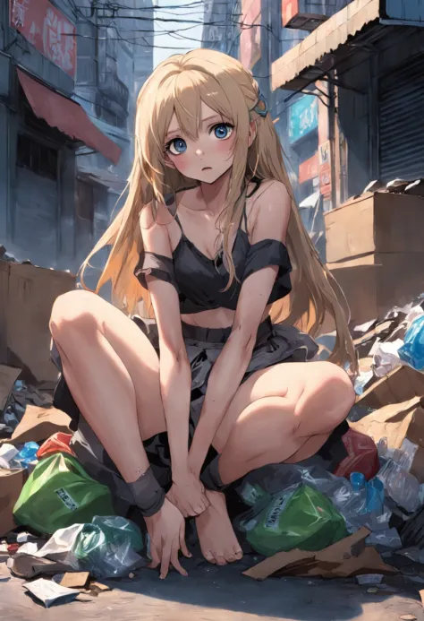 In the trash heap sits a long-haired beauty in a sexy hip-wrapped skirt，The face is covered with filthy garbage，The skirt is tattered，Has a pitiful gaze，There were five stout homeless men drooling around him。