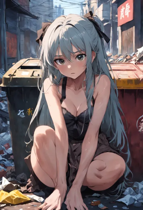 In the trash heap sits a long-haired beauty in a sexy hip-wrapped skirt，The face is covered with filthy garbage，The skirt is tattered，Has a pitiful gaze，There were five stout homeless men drooling around him。