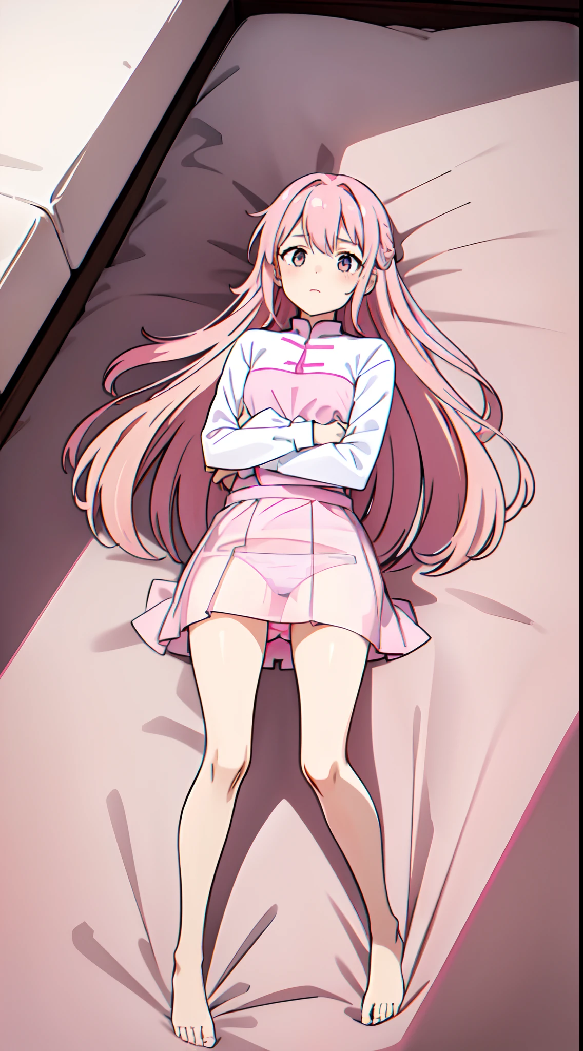 Anime girl laying on a bed with her arms crossed - SeaArt AI