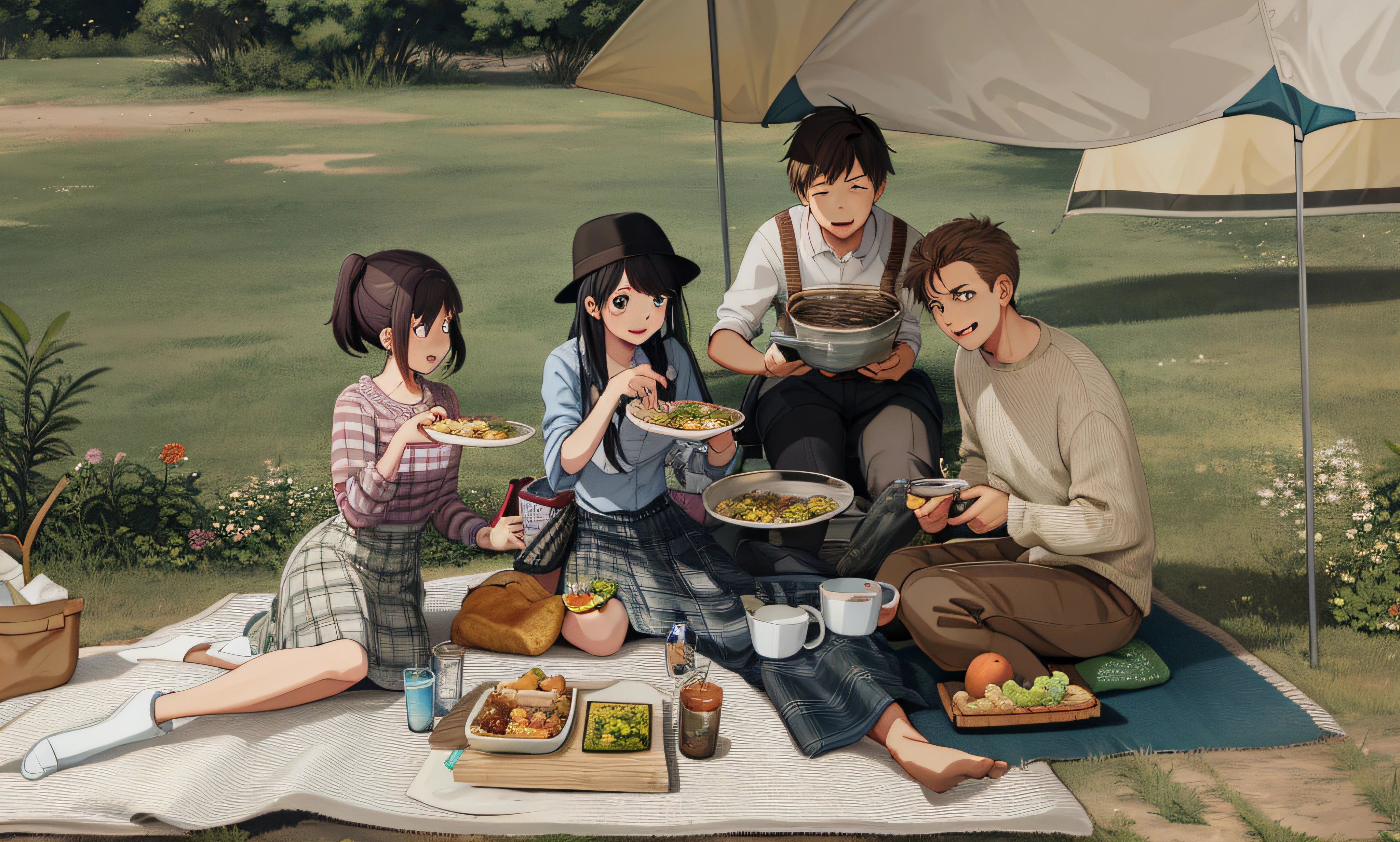 There were four people sitting on blankets on the grass, people on a picnic, having picnic, outdoor picnic, camping, Haggis, hot pot，illustration, a cartoon illustration, Dinner