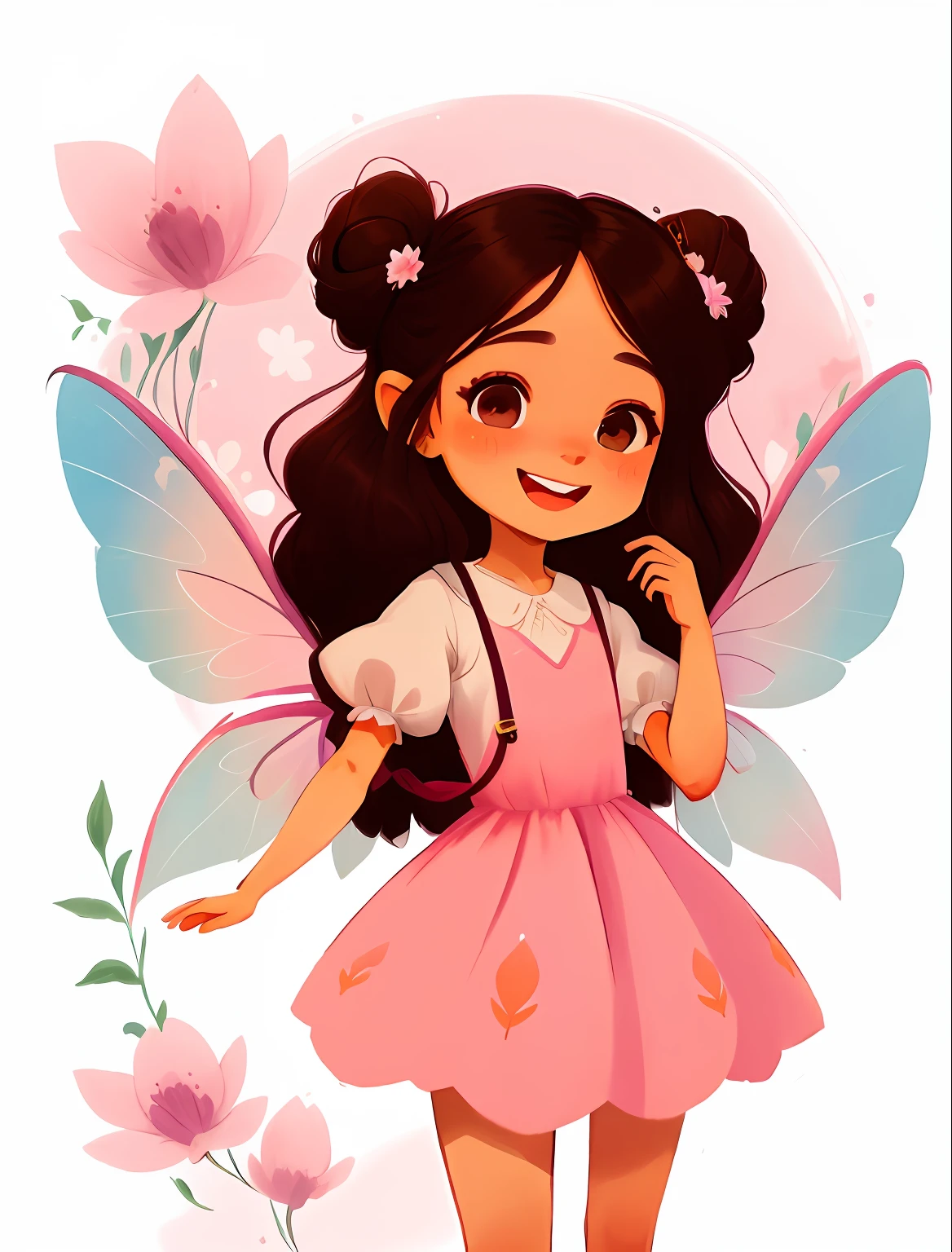 Cartoon cartoon fairy with long brown hair and pink dress with white, Walking full body, full-body drawing showing feet, wearing delicate pink slippers,  multiples poses and expressions, with your hands on your waist, hands in ultra quality and beautiful, Symmetrical fairy wings, beautiful fairie, smiling as a queen of fairies,  brunette fairy, portrait of fairy princess, portrait of a fairy, fairy princess, beautiful digital art, portrait of fairy, space flower fairy, painting digital adorable, detailed digital art beautiful simple white background, beautiful fairie, Driving style: Marie Angel watercolor cartoon style, 2D watercolor style art with simple white background