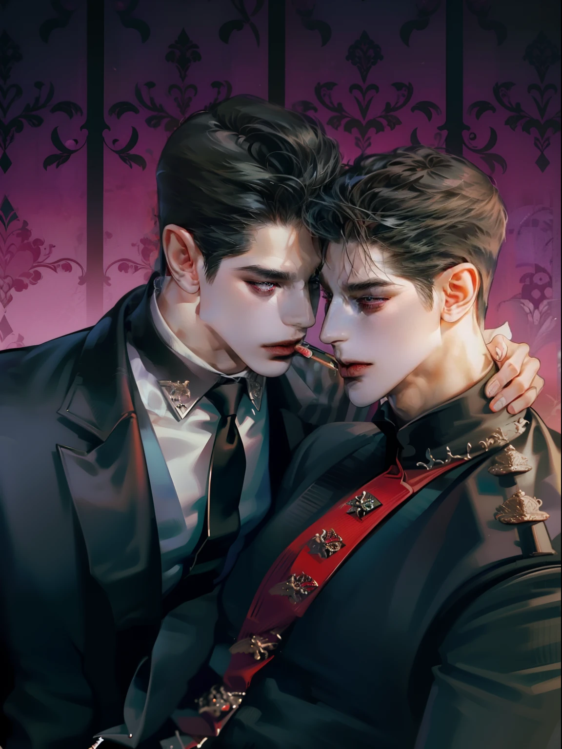 Mafia Noir Casino Gambling Bar Vampire dominant alpha gay couple macho sexy handsome demon adult men with tattoos big chest big abs slicked back hairstyle smoking red eyes charisma goth ((perfect face structure)) detailed stylized ((handsome male couple)) ((men kissing)) ((perfect eyes))