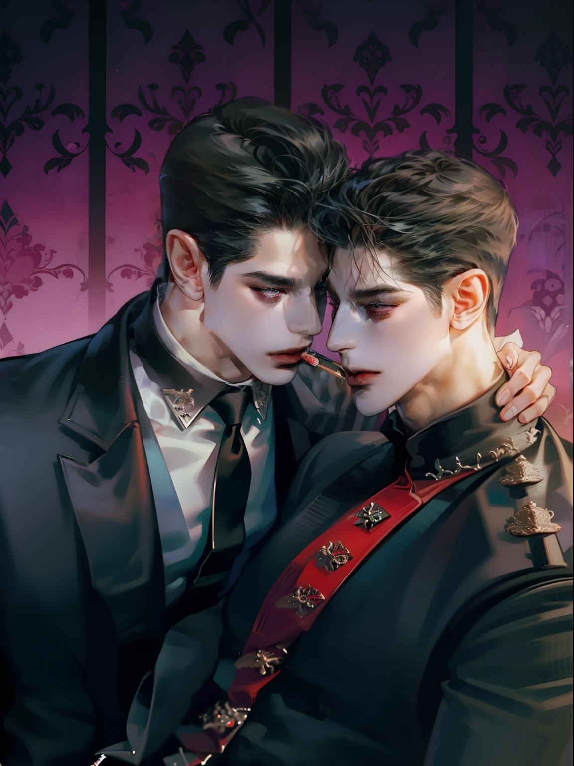 Mafia Noir Casino Gambling Bar Vampire dominant alpha couple gay macho sexy beau démon hommes adultes avec des tatouages grosse poitrine gros abdos lissés coiffure fumer yeux rouges charisme goth ((Structure du visage parfaite)) détaillé stylisé ((beau couple d&#39;hommes)) ((hommes s&#39;embrassant)) ((yeux parfaits))