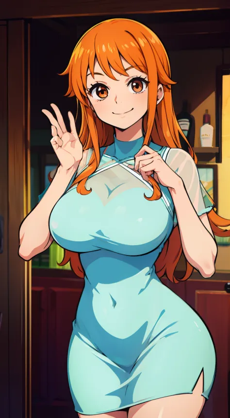 Cocktail dress, body fit see through,curvy athletic body, nami, orange long hair, brown eyes, looking at viewer, shy, smiling