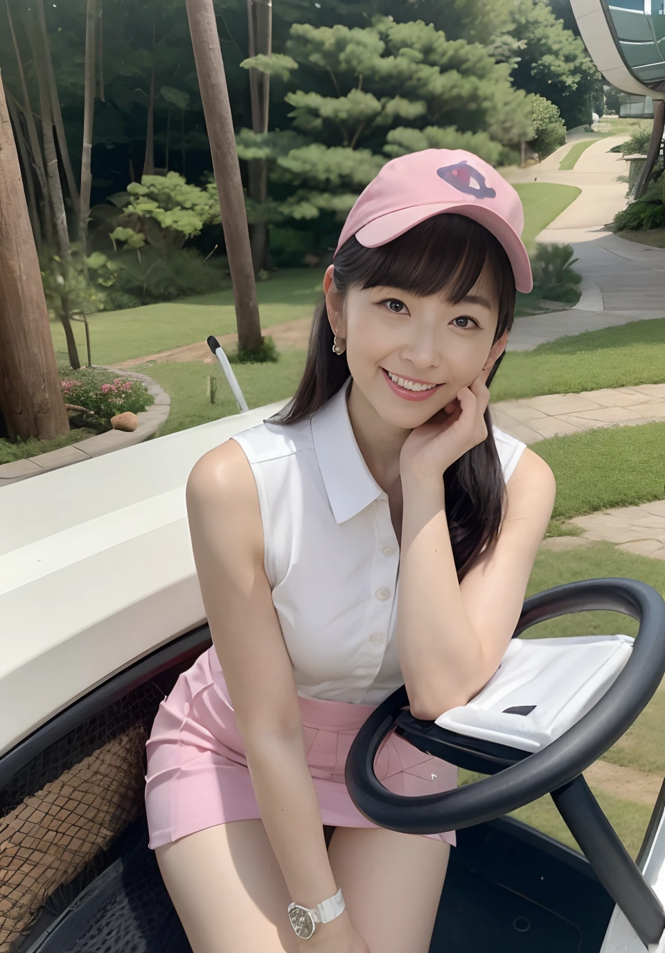 GOLFのラウンド中に40歳の日本女性を覗く、ボブカット、濃い化粧、目が大きい、1人の女性、ゴルフカートの前でセクシーなポーズ、ノースリーブのドレスと超短いミニスカートのゴルフウェアを着た女性、かわいいタイトなゴルフウェア、サンバイザー、(ピンクと白のゴルフウェア)、メイクで黒目、大きな垂れ目、笑顔、低い角度