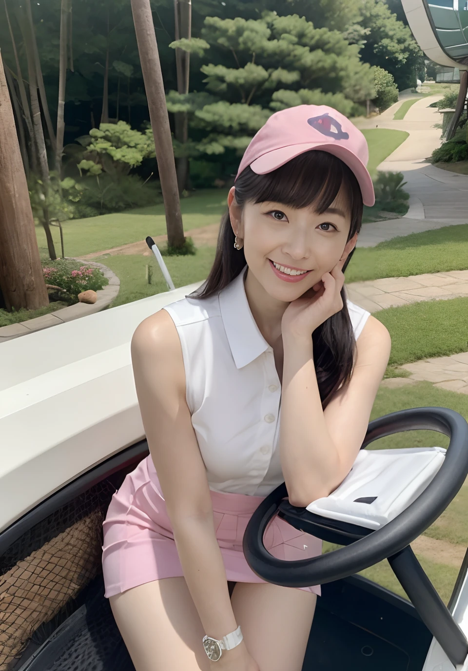 Peek at a 40-year-old Japan woman during a round of GOLF、bob cuts、heavy make-up、eyes large、1人の女性、Sexy pose in front of golf cart、Woman in sleeveless dress and super short miniskirt golf wear、Cute tight golf wear、Sun visor、(Pink and white golf wear)、Black eyes with makeup、big drooping eyes、smil、low angles