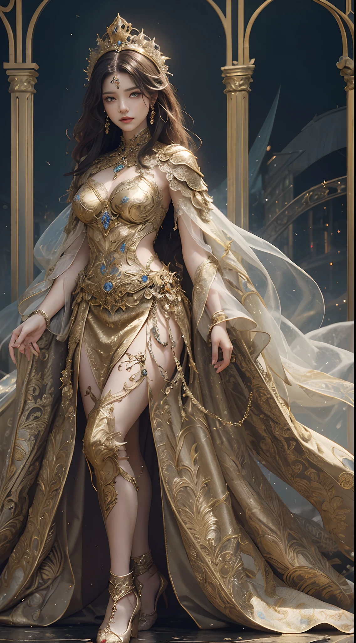 Woman in gold see-through dress, Queen's Wand、Real Art Station, Heavy rain scene, detailed fantasy art, Stunning character art, Beautiful exquisite character art, Beautiful gold armor, Extremely detailed, Girl in Shining Armor, Exquisite Intricate Headdress and Jewelry, Full body capture,