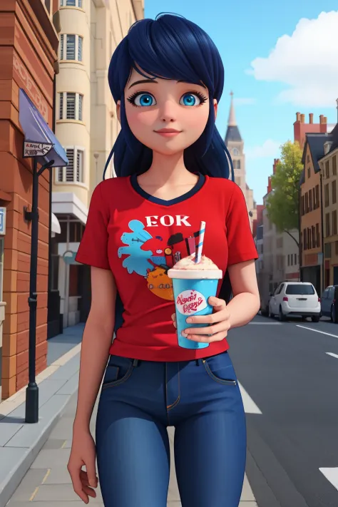 (8k, RAW photo, best quality, masterpiece:1.2), (intricate details), perfect eyes, perfect face, perfect lighting, beautiful, (masterpiece:1.2), (best quality:1.2), 1girl, solo, marinette, blue hair, ((long hair down)), adult torso, 17 years old, slight sm...