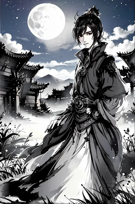 masterpiece, best quality, night, hill, clouds, full moon, very short hair,glowworm.ancient style,chinese man's face