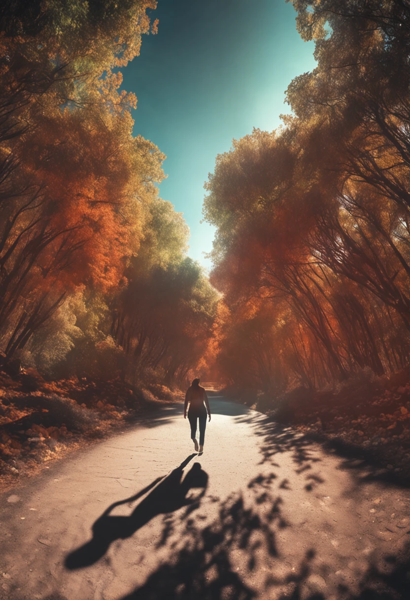 A person walking down a road in the middle of a forest - SeaArt AI