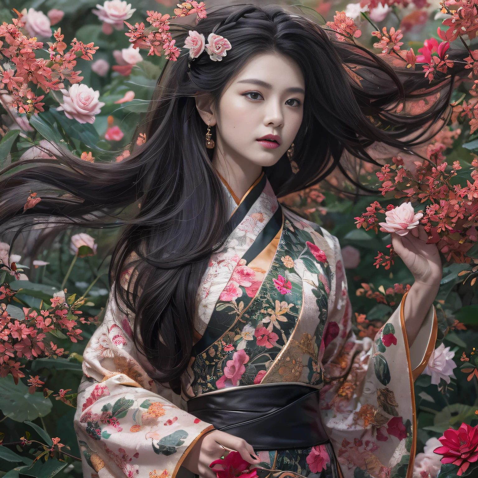32K（tmasterpiece，k hd，hyper HD，32K）Long flowing black hair，ponds，zydink， a color，  Xuzhou people （seductiv）， （Flush female blood silk scarf）， Combat posture， looking at the ground， long whitr hair， Floating hair， Carp pattern headdress， Chinese long-sleeved cheongsam， （Abstract gouache splash：1.2）， Pink petal background，Pink and white lotus flowers fly（realisticlying：1.4），Black color hair，Fallen leaves flutter，The background is pure， A high resolution， the detail， RAW photogr， Sharp Re， Nikon D850 Film Stock Photo by Jefferies Lee 4 Kodak Portra 400 Camera F1.6 shots, Rich colors, ultra-realistic vivid textures, Dramatic lighting, Unreal Engine Art Station Trend, cinestir 800，Long flowing black hair，see-through transparent clothes
