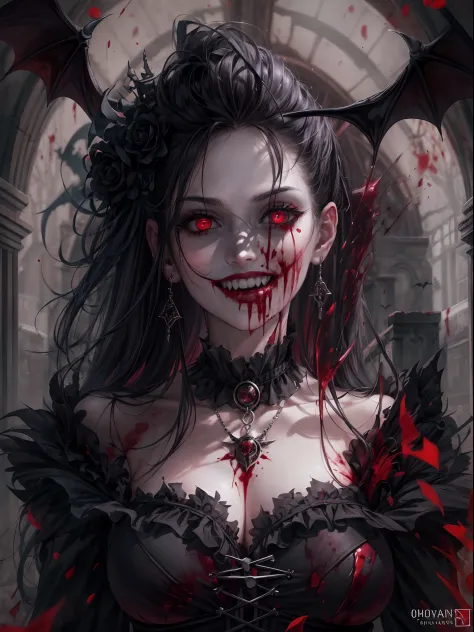 An elegantly descending scary female vampire with a noble suit