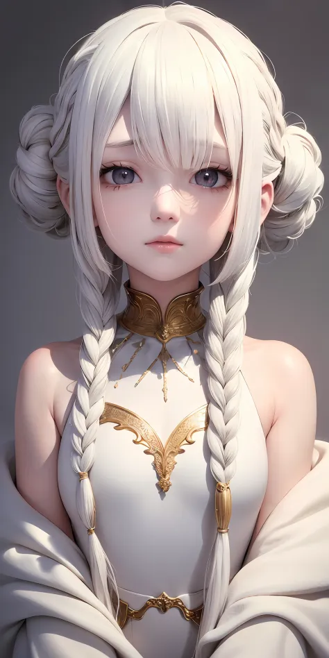 best quality, masterpiece,white hair, gold eyes,white clothes, looking up, upper body,hair strand,Fair skin,side braids