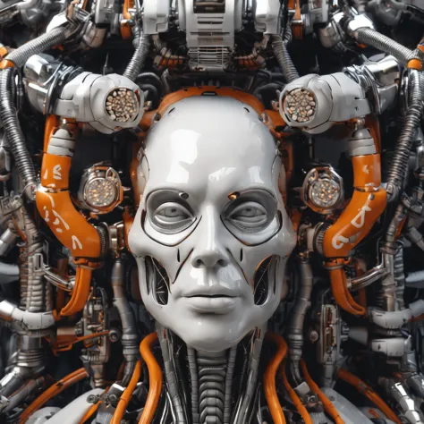 realistic 3d octane render of a closeup of a giger designed cyborg, the color scheme is white, black, orange. The cyborg is inhabiting a clean engineering room, soft box lighting