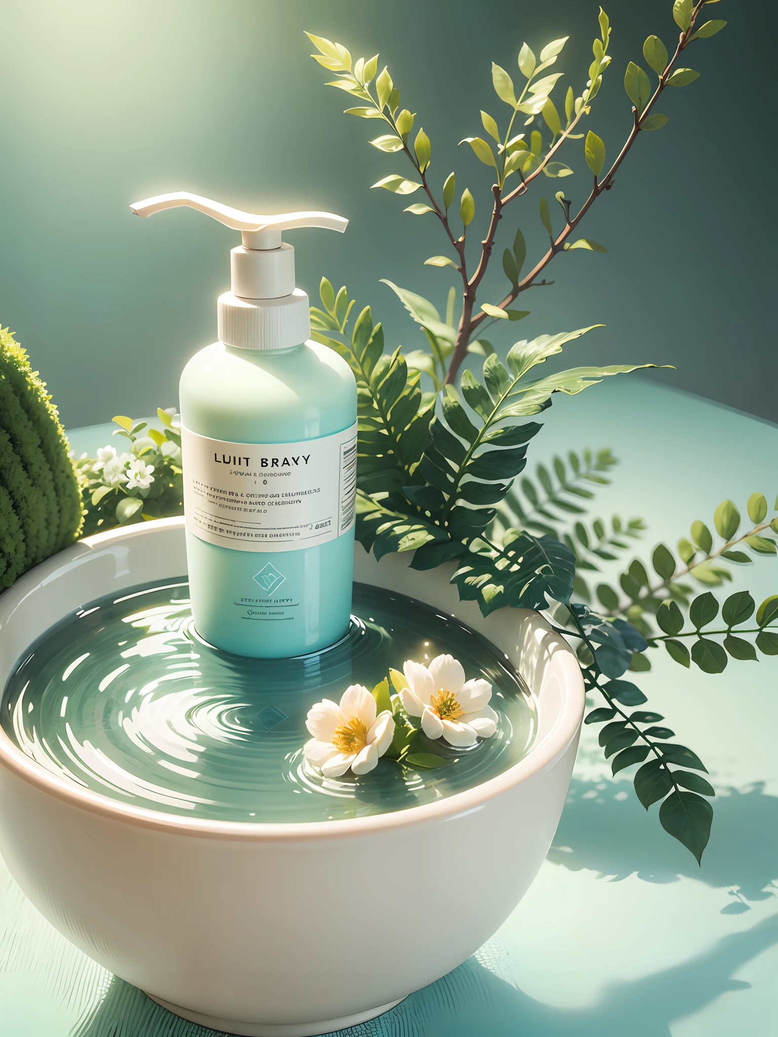 White luxury bath lotion, A bright light blue background, Green plants, White flowers, A delicate luster, Centered composition, Studio lighting, HD4K, Sense of reality, Inoguchi Ki, Commercial photography, Super detail --auto --s2