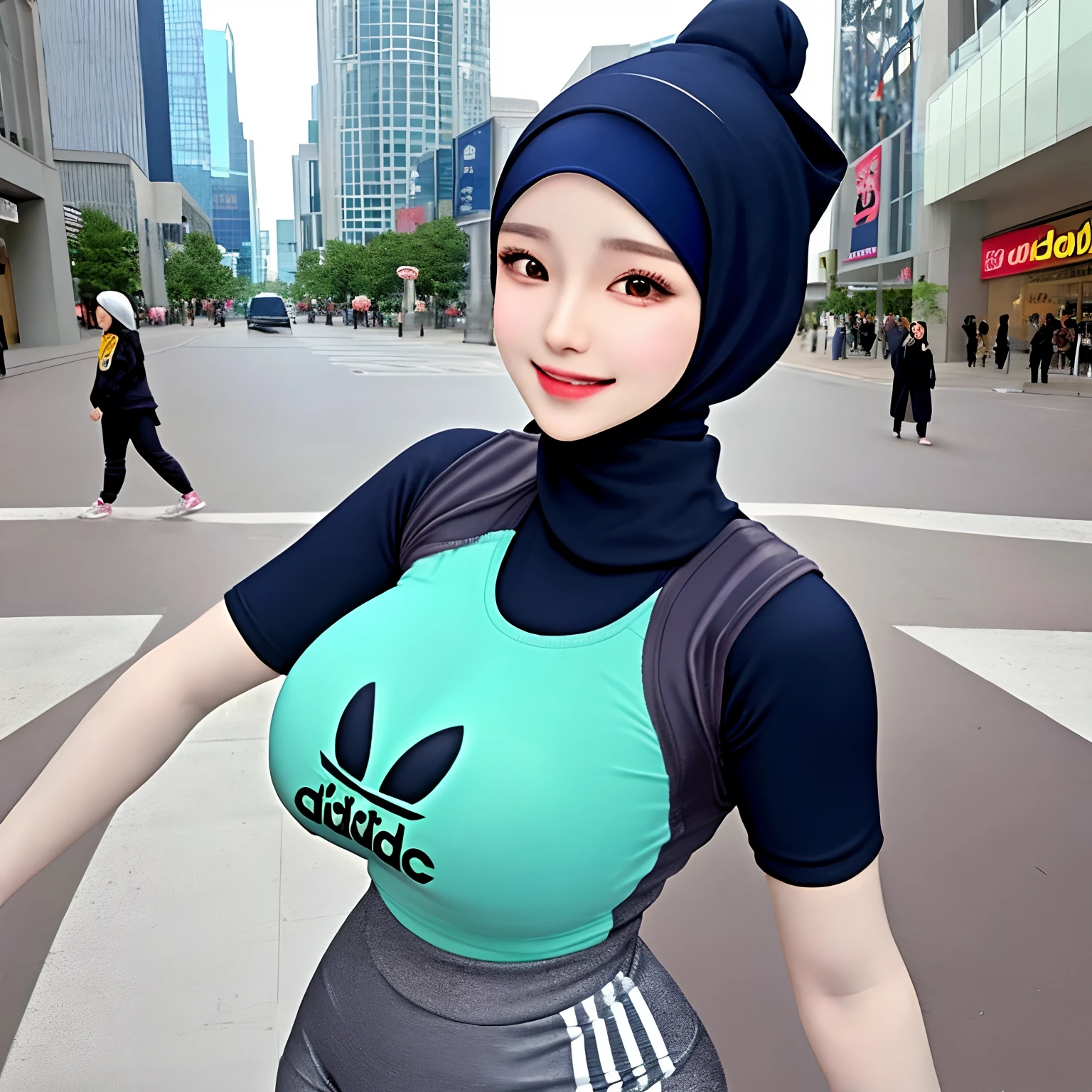 Hijab,Realistisch,Kpop-Idee,Mädchen,korean Mädchen,sexy,Schön,er groß,super große Brüste,(P-Tasse),glücklich und lächelnd sehr detailliertes Gesicht,Adidas enges T-Shirt,Kurzer Hijab,und langes, enges Hosen-Outfit,Sexy Pose in der Mall Street