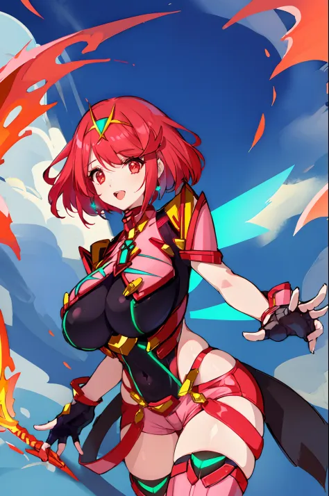 pyra \(xenoblade\), teen_1girl, loli, armor, bangs, black gloves, breasts, red eyes, closed mouth, earrings, eyelashes, fingerle...