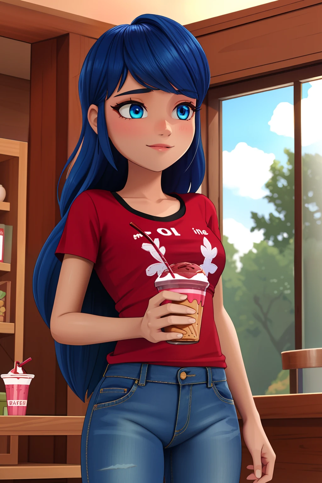 (8k, RAW photo, best quality, masterpiece:1.2), (intricate details), perfect eyes, perfect face, perfect lighting, beautiful, (masterpiece:1.2), (best quality:1.2), 1girl, solo, marinette, blue hair, ((long hair down)), adult torso, , slight smile, medium sized breasts, (jeans, red t-shirt), holding a chocolate milkshake, cowboy shot, 3DMM