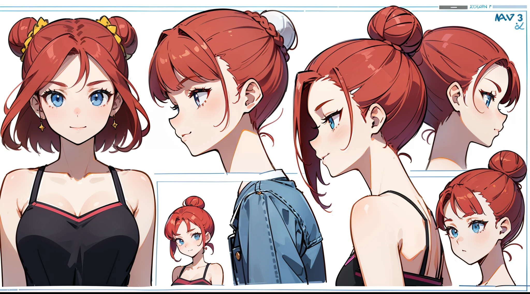 21 year old, redhead girl, armpit lenght hair (((happy flirty expression))) jeans and tight top, ((bun hairstyle)) (((detailed character sheet, frontal view, side view, three quarter view)))