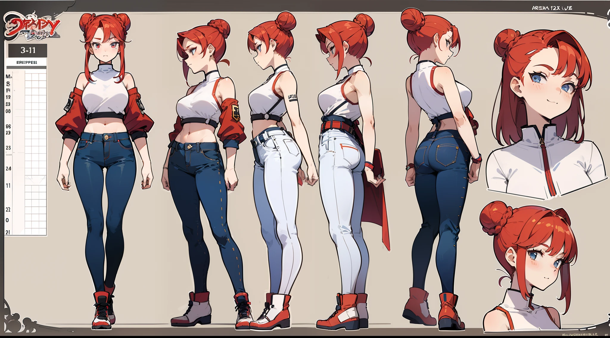 21 year old, redhead girl, armpit lenght hair (((happy flirty expression))) jeans and tight top, ((bun hairstyle)) (((detailed character sheet, frontal view, side view, three quarter view)))