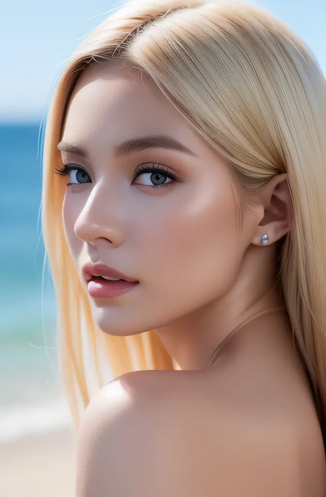 25-year-old European woman、blonde  hair、Serious、(Incredible skin details:1.4)、(Natural skin:1.2)、(pores:0.6)、make - up、(A detail...