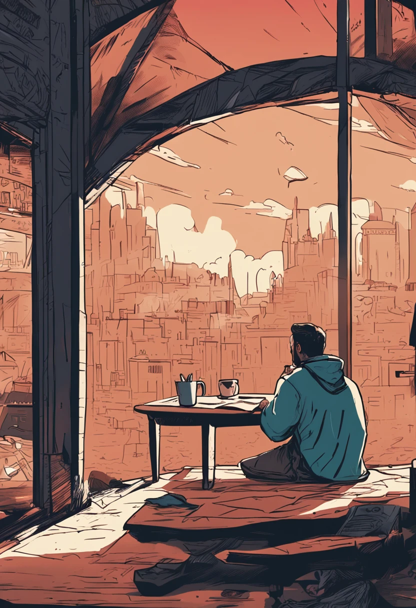 Illustration of a man sitting at a table in a room with a view of a city -  SeaArt AI