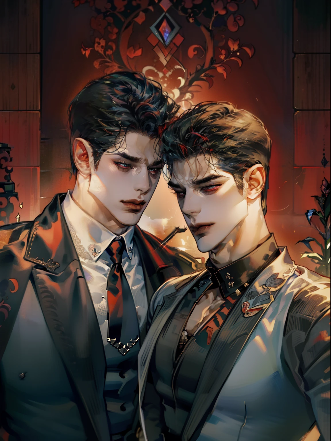 Mafia Noir Casino Gambling Bar Vampire dominant alpha gay couple macho sexy handsome demon adult men with tattoos big chest big abs slicked back hairstyle smoking red eyes charisma goth ((perfect face structure)) detailed stylized ((handsome male couple)) ((men kissing)) ((perfect eyes))