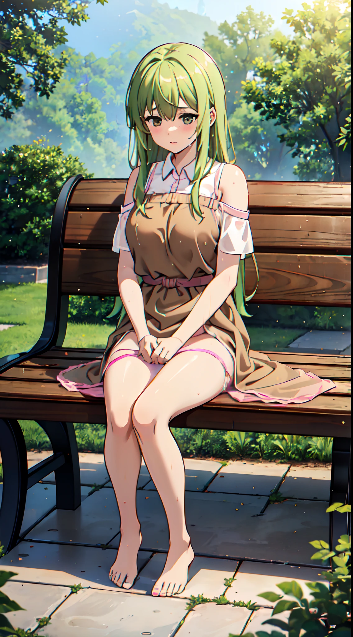 Anime girl sitting on a bench in a park with a green hair - SeaArt AI