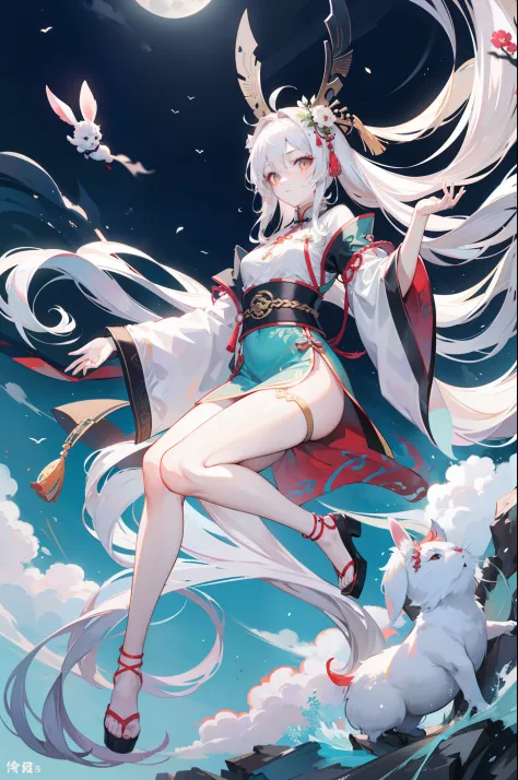 Mature Jade Girl Rabbit Man，Hairpins bind long white hair，，Chinese antique woman，floating in air，There are white clouds under your feet，Full moon，A month and a half mark appeared on his forehead，3Drenderingof，4K，Full body hyper-realistic