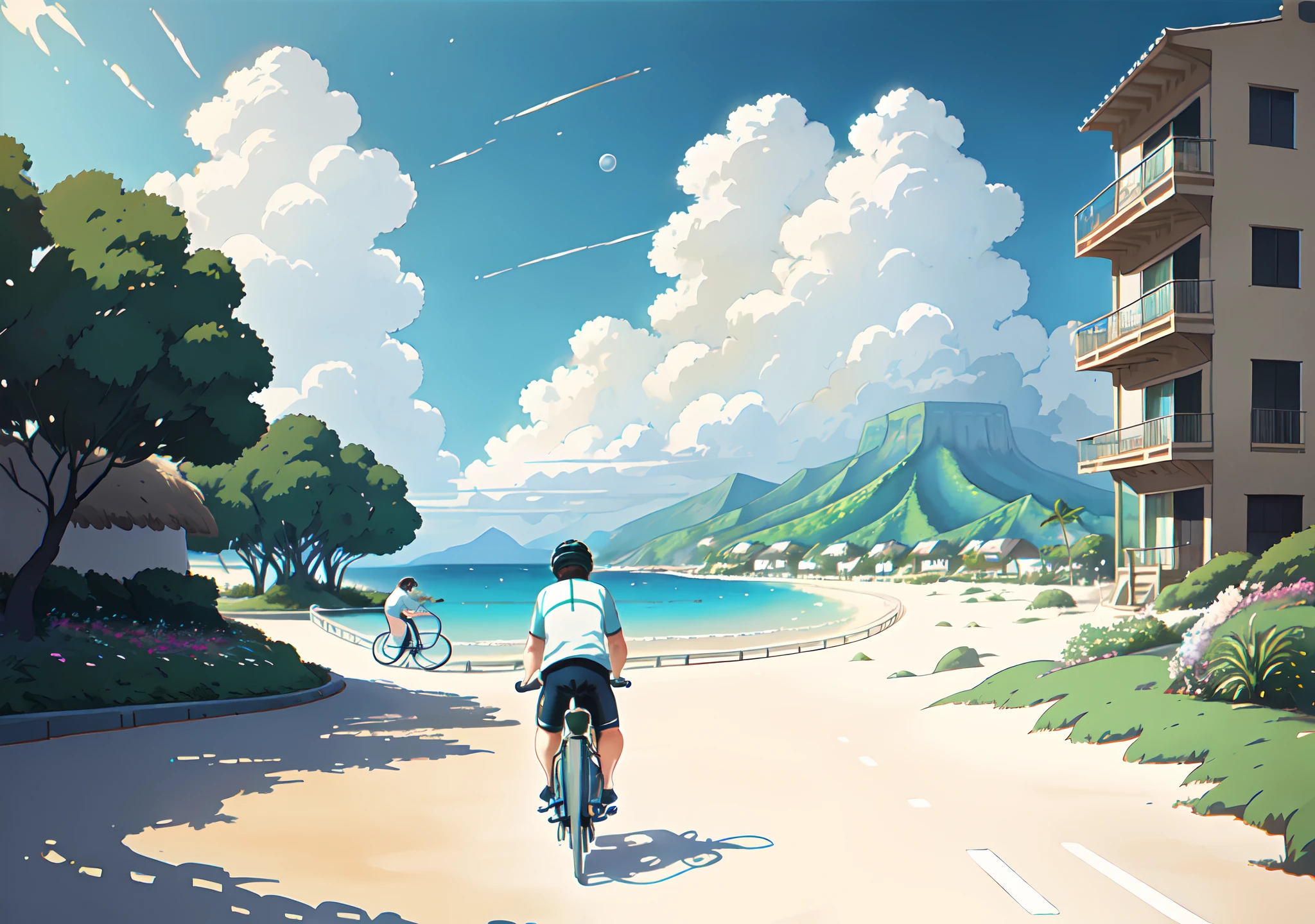 (bicicleta:1.5), (bicicleta realista: 1.5), (ciclista realista: 1.5), Plan en gros plan, Lo mejor de lo mejor, polinesia, playa mar, sable, sol, Fondo ajardinado, ombres, contraste, Makoto Shinkai (mejor calidad:1.3), (high resolucion:1) Arte del estilo Studio Ghibli, impresionismo, colores vibrantes