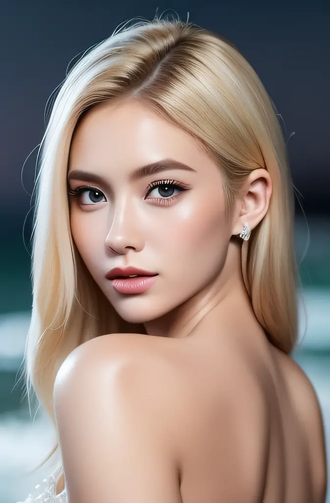 25-year-old european woman、blonde  hair、serious、(incredible skin details:1.4)、(natural skin:1.2)、(pores:0.6)、make - up、(a detail...