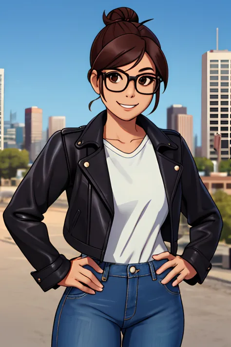 mei, confident pose, hands on hips, looking at the horizon, glasses, brown eyes, hair bun, hair stick, friendly face expression,...