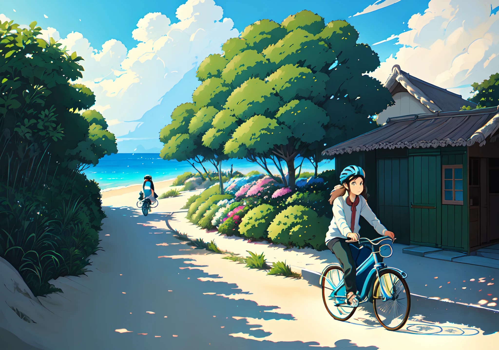 (bicyclette:1.5), (Realistic bike: 1.5), (realistic cyclist: 1.5), Plan en gros plan, Le meilleur des meilleurs, polynesie, plage mer, sable, Soleil, Landscaped background, ombres, contraste, Makoto Shinkai (beste-Qualit:1.3), (high resolucion:1) Art par Studio Ghibli Style, impressionnisme, couleurs vibrantes