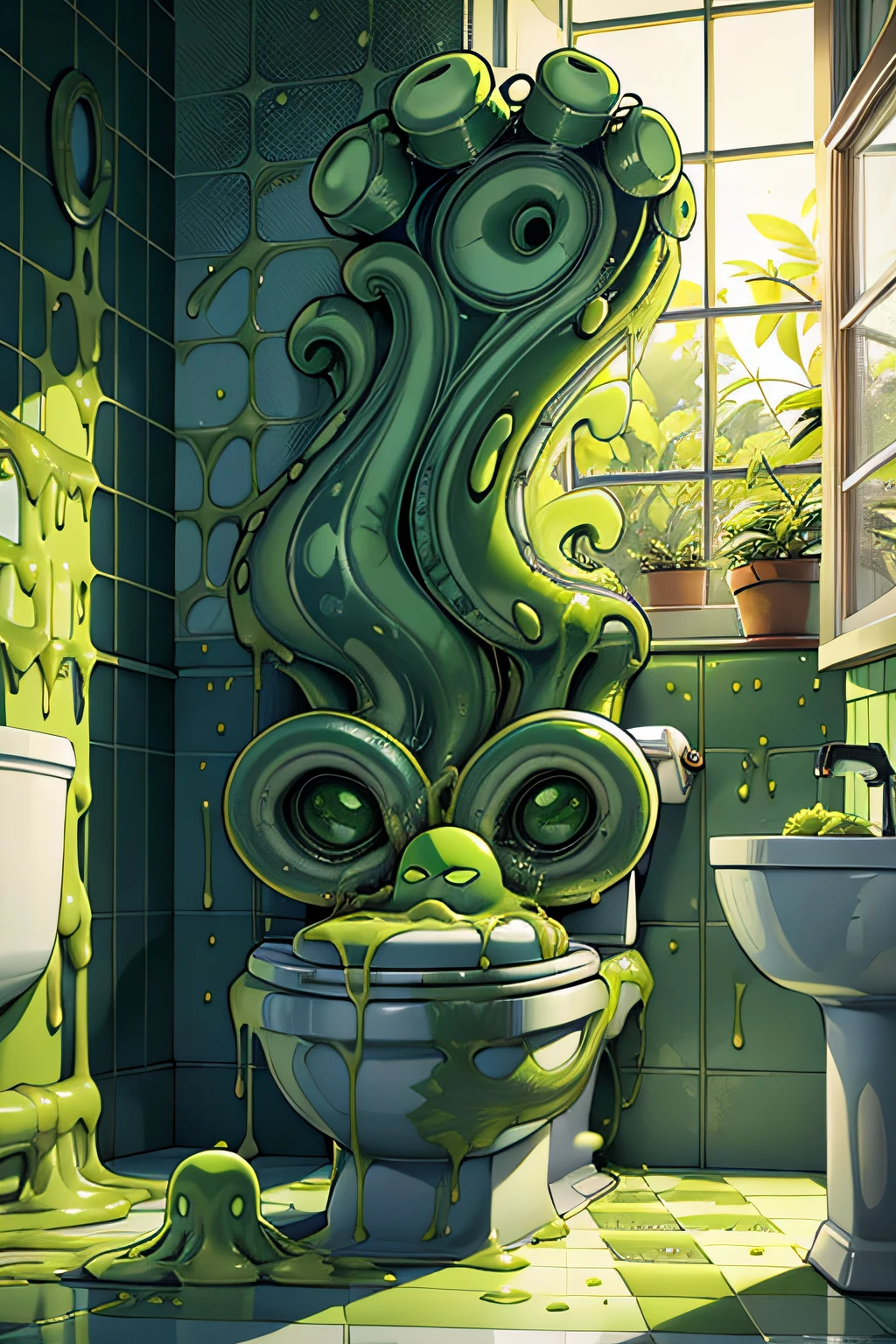 green slime alien blob with tentacles,invasion of green slime alien blobs popping out of the toilet,background:small bathroom,1toilet,1window,checkerboard floor,mess,newspapers,(green slime blasts),