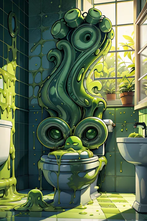 green slime alien blob with tentacles,invasion of green slime alien blobs popping out of the toilet,background:small bathroom,1t...