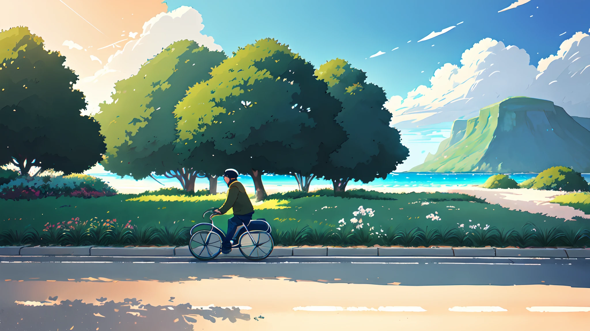 (bicyclette:1.5), (vélo réaliste: 1.5), (cycliste réaliste: 1.5), Plan en gros plan, Le meilleur des meilleurs, Polynésie, plage mer, martre, soleil, Fond paysager, ombres, contraste, Makoto Shinkai (meilleure qualité:1.3), (haute résolution:1) Art par Studio Ghibli Style, impressionnisme, couleurs vibrantes