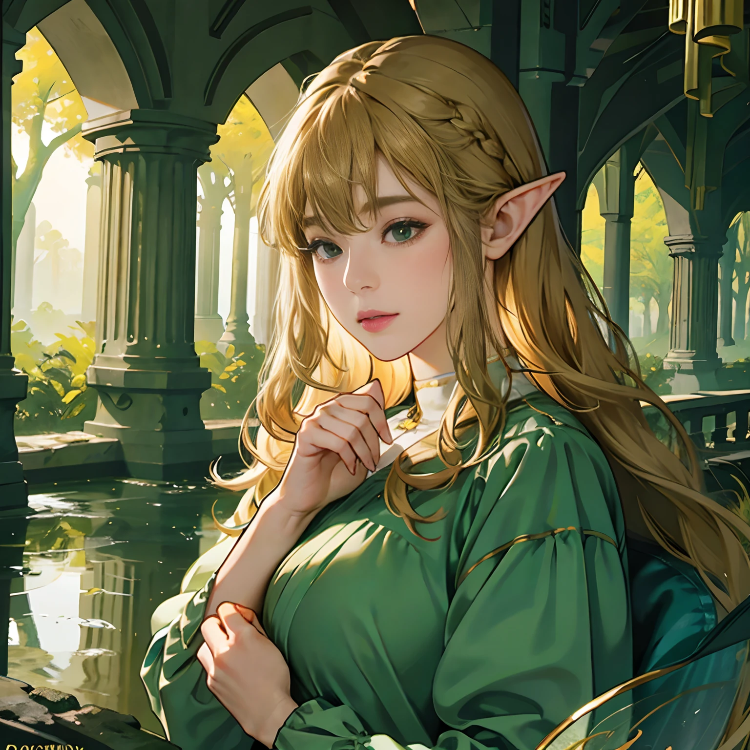 Women in Their 20s, offcial art, unity 8k wall paper, ultra-detailliert, beautifly、Aesthetic, ​masterpiece, top-quality, Photorealsitic, Female Elf、Dark green eyes、blondehair、Braids:2.0、Pointed ears、Dark green costume、Light green blouse、Gold Brooch、golden hair ornaments、Big magic wand:2.0、Big bag、depth of fields, Fantastic atmosphere, Calm palette, tranquil mood, Soft shading、Ruins in the forest、Ruins covered in vegetation、Crumbling stone statue、Green Tree々、Beautiful Landscapes、bbw、very large breast、plump figure、Luminous Fairy