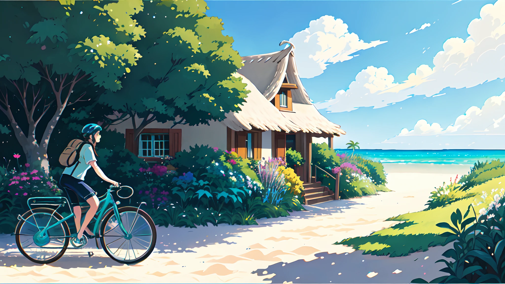 (bicicleta:1.5), (bicicleta realista: 1.5), (ciclista realista: 1.5), Plan en gros plan, Lo mejor de lo mejor, polinesia, playa mar, sable, sol, Fondo ajardinado, ombres, contraste, Makoto Shinkai (mejor calidad:1.3), (high resolucion:1) Arte del estilo Studio Ghibli, impresionismo, colores vibrantes