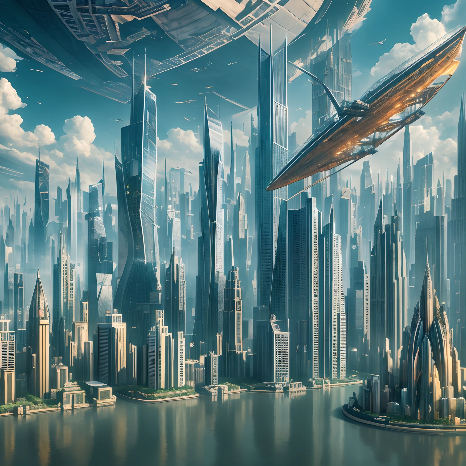 "Floating City": An ethereal metropolis suspended in the clouds, towering skyscrapers, Intricate bridges, and airships gliding between buildings, surrealism, color field printing, High detail, hyper HD, 8K, Anatomically correct, cinematic lighting 4d quality