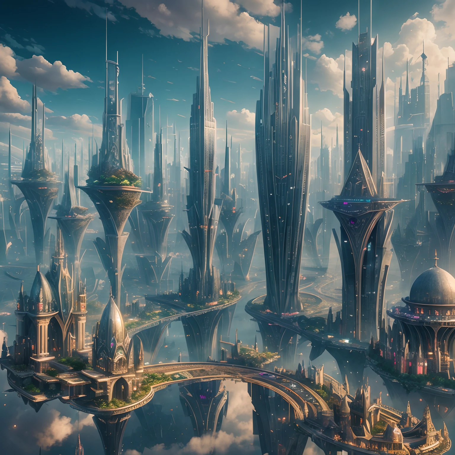 "漂浮的城市": 悬浮在云端的空灵大都市, 摩天大楼, 错综复杂的桥梁, 以及在建筑物之间滑行的飞艇, 超现实主义, 彩色实地印刷, 高细节, 超高清, 8千, 解剖学上正确, 电影灯光 4D 品质