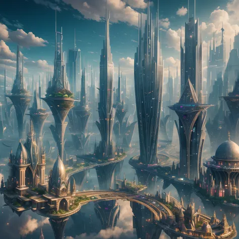 "Floating City": An ethereal metropolis suspended in the clouds, towering skyscrapers, Intricate bridges, and airships gliding between buildings, surrealism, color field printing, High detail, hyper HD, 8K, Anatomically correct, cinematic lighting 4d quali...