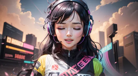 Woman with peace sense headset，closing her eyes，beauitful face，RGB color，Anime black hair，YouTube video banner，happy girls，RGB c...