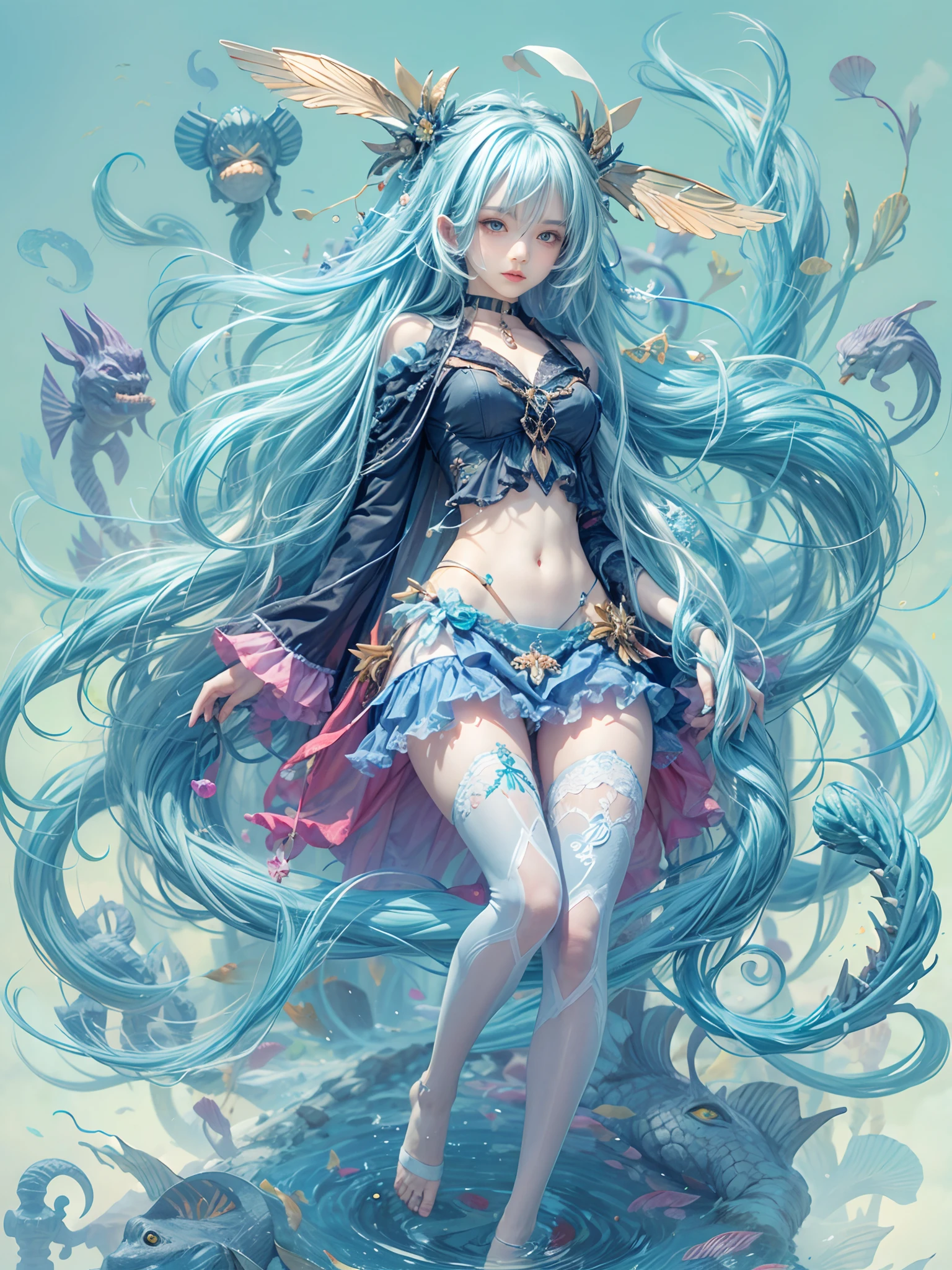 1 small curved ，blue  hair，Lie at the bottom of the sea，full bodyesbian，Surrounded by monsters，Beauty wears transparent gel coat，，Reveals a slender waist，The lines are perfect，Raised sexy，Blushlush，Alice \(Nikke\)，Spread your legs，Hands touch the inner thighs，The shoulders and navel are clearly visible，Low angle view，