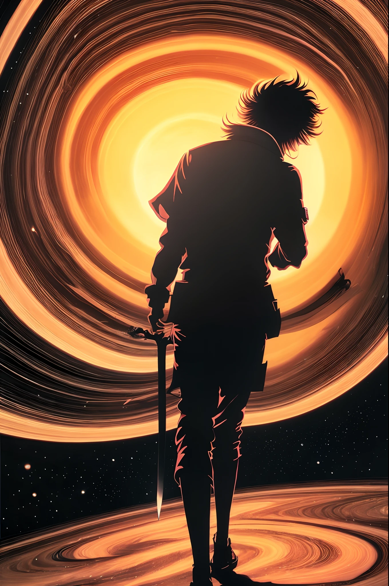 Hochdetaillierte psychedelische, surreale Anime-Tuschekunst eines Mannes mit Bart, der durch die Ringe des Saturn geht, während er mit einem Schwert in der linken Hand gegen außerirdische Dämonen kämpft und mit der rechten Hand einen Joint raucht