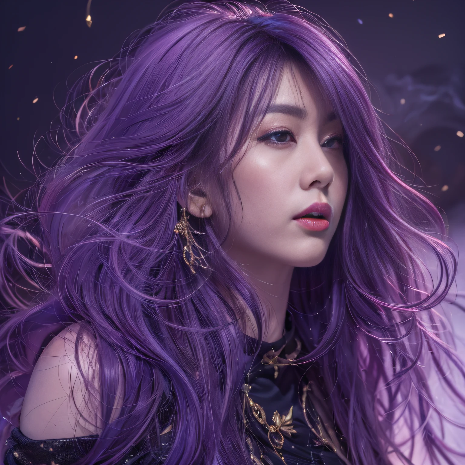 32K（tmasterpiece，k hd，hyper HD，32K）Long flowing bright purple hair，Back basement，zydink， a color，  Xuzhou people （Silly girl）， （Silk scarf）， Combat posture， looking at the ground， long whitr hair， Floating bright purple， Fire cloud pattern gold tiara， Chinese long-sleeved gold silk garment， （abstract ink splash：1.2）， smoky background，Lotus protector（realisticlying：1.4），Bright purple hair，Fog on the road，smoke in the background， A high resolution， the detail， RAW photogr， Sharp Re， Nikon D850 Film Stock Photo by Jefferies Lee 4 Kodak Portra 400 Camera F1.6 shots, Rich colors, ultra-realistic vivid textures, Dramatic lighting, Unreal Engine Art Station Trend, cinestir 800，Long flowing bright purple hair，see-through transparent clothes