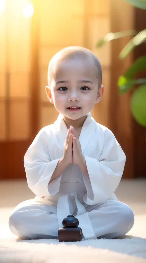 Close-up of a child sitting on the ground in a white robe, ssmile，Happy，he is greeting you warmly, dressed in simple robes, peac...