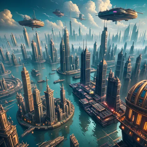 "Floating City": A steampunk metropolis suspended in the clouds, towering skyscrapers, Intricate bridges, and airships gliding b...