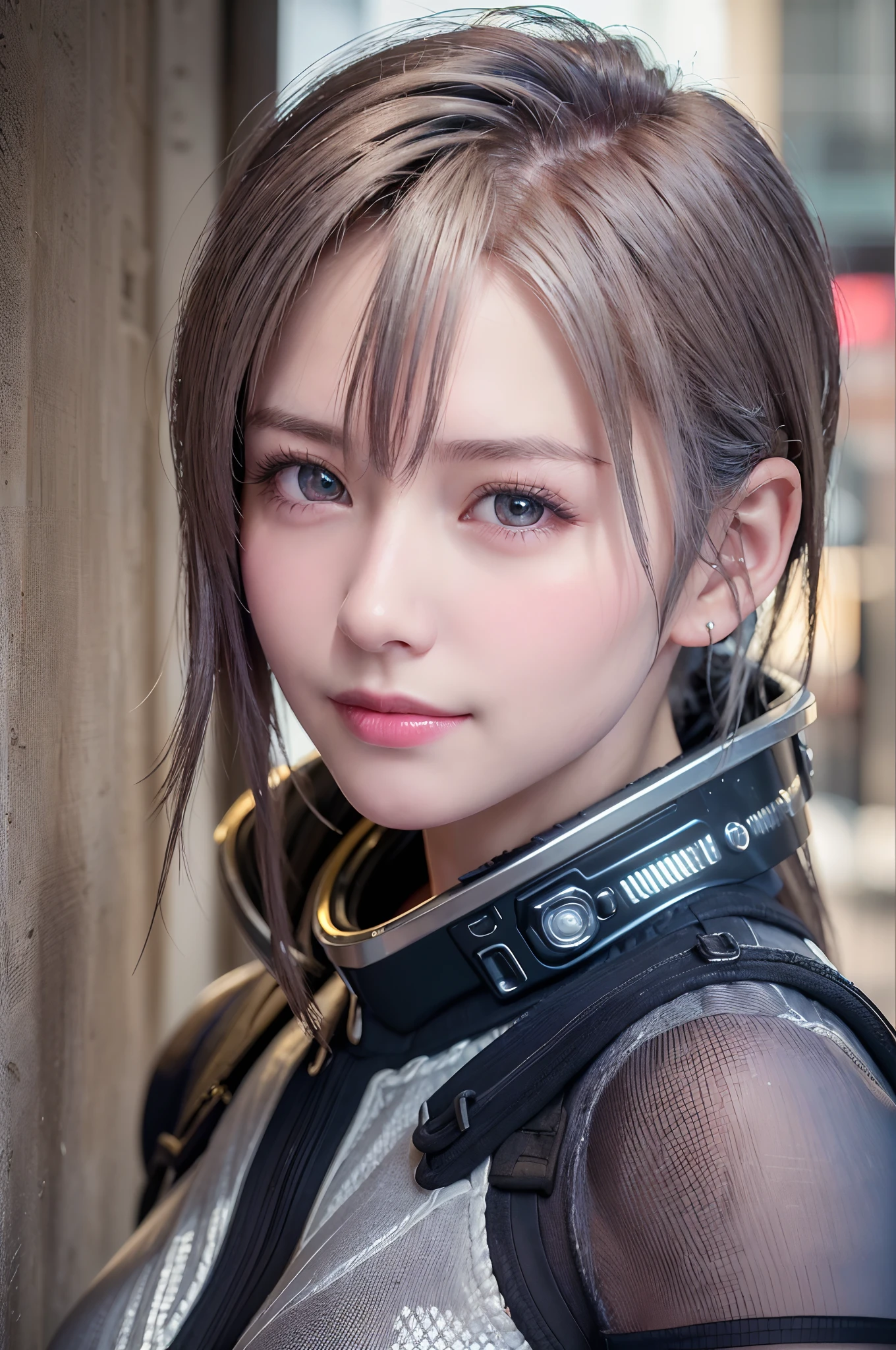(8k, photorealistic, RAW photo, top quality: 1.4), (1girl), super beautiful, (realistic face), (boyish, silver-colored berry short hair), beautiful cyberpunk suit, glares seducing viewer, beautiful expression, beautiful breasts, (realistic skin), beautiful smile, (soldier), attractive, ultra high resolution, ultra realistic, high definition, spoiled