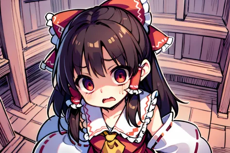 ((reimu hakurei))、((terrified expression))、opening mouth、petite、one girl、(((look down from above)))、